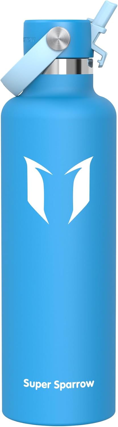 Super Sparrow Insulated Water Bottle - 17 Oz / 25 Oz / 32 Oz - Standard Mouth FlipFlow Flask - BPA Free, Leak Proof Drink Bottle- Ergonomic Straw Water Bottles for Work, Gym, Travel, Sports