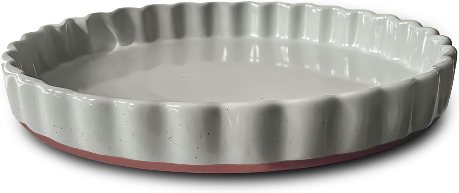Mora Ceramic Tart Pan, 9.5 Inch Large Porcelain Baking Dish for Tarts, Quiche, Pie, Flan etc. Fluted Ruffled Edge, Oven, Microwave, Freezer, and Dishwasher safe - Great Gift For Bakers - Earl Grey
