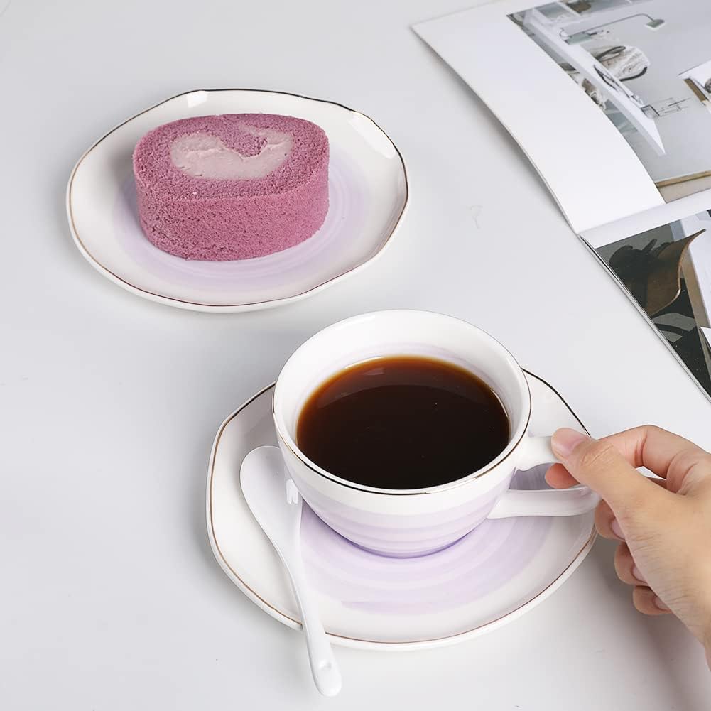 Sweejar Porcelain Tea Sets, 8 OZ Cups & Saucer Service for 4, Teapot Sugar Bowl Cream Pitcher Teaspoons and Tea Strainer for Adult Tea Coffee Afternoon Party (Purple)