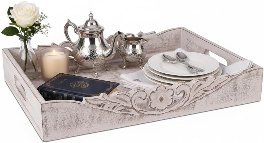 Mela Artisans Distressed White Wooden Decorative Tray with Handles | 16x12x2.5 Mango Wood Ottoman Tray | for Kitchen Countertop | Coffee Table | Snacks | Desserts | Breads | Bedroom Decor
