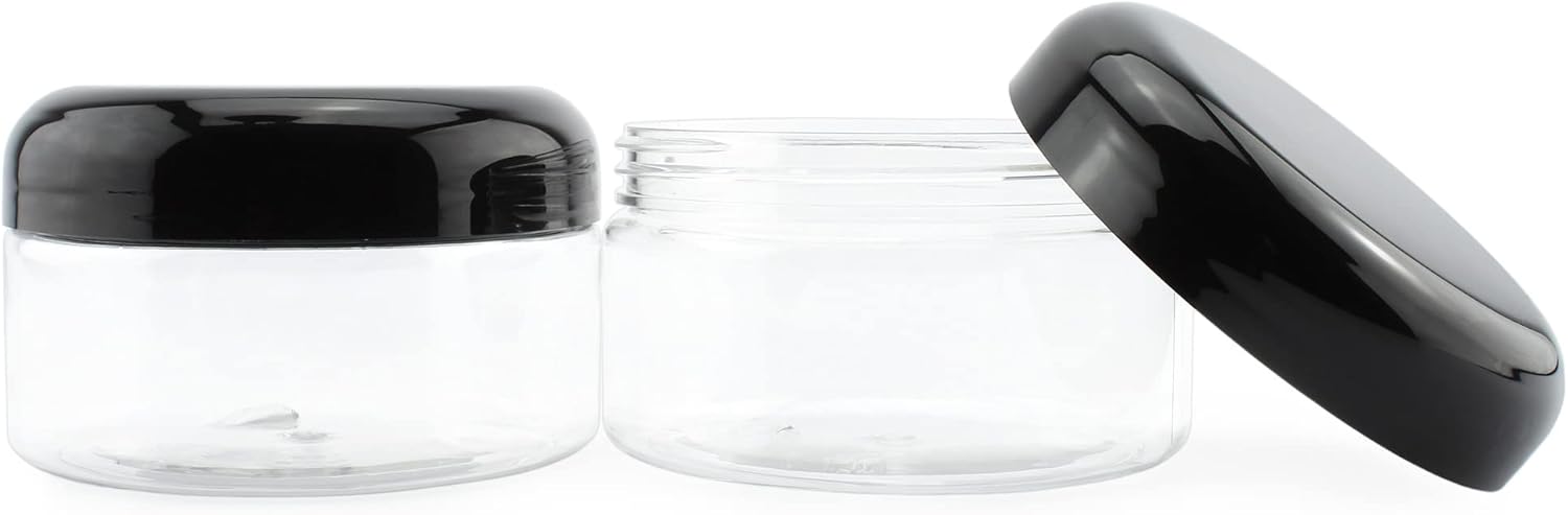 Cornucopia Brands 8oz Clear Plastic Jars w/Black Plastic Lids (6-Pack); BPA Free PET Stackable Containers for Bathroom & Kitchen Storage & Cosmetics