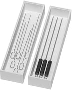 Bamboo Drawer Organizer, Narrow Silverware Organizer for Kitchen, Stackable Utensil Organizer, 2 Pcs Flatware Organizer for Drawer, Wooden Storage Box Tray (White, 12 X 3 X 2 Inch)