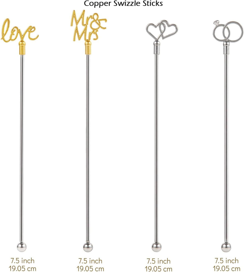 4Pcs Cocktail Stirrers Swizzle Sticks Stainless Steel 7.3" Coffee Stir Sticks with Gold Mr & Mrs,LOVE Shape, for Mixing Cocktail Metal Stir Sticks for Coffee Bar