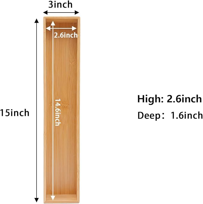 Bamboo Drawer Organizer,Kitchen Utensil Organizer Silverware Tray,Cutlery Holder, Wood Storage Box for Flatware, Makeup, Bathroom, Office Desk (Bamboo, 15 * 3 * 2.6)