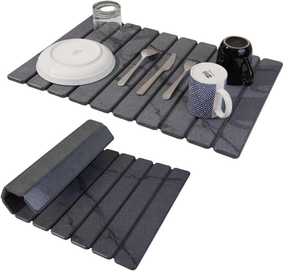 Large Stone Dish Drying Mat for Kitchen Counter 23.5”x 15.25” – Elegant Marbled-Inspired Surface Quick-Dry Absorbent Diatomaceous Earth - Multi-Use & Kitchen Mat for Dishes & Bottle Cups (Dark Gray)