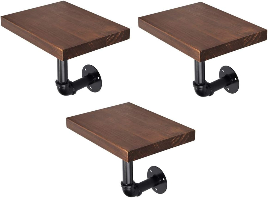 Navaris Industrial Pipe Shelf Set - 3 Small Wooden Shelves with Black Pipe Brackets - 5.9" x 7.9" Wall-Mounted Wood Shelving - Size S, Dark Brown