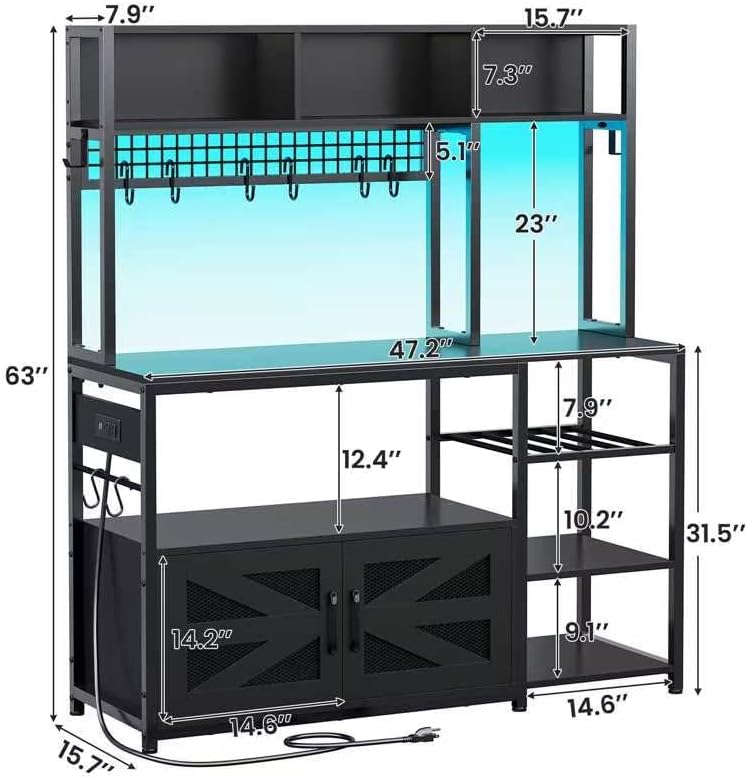 Itaar 47.2 Inch Bakers Rack with Power Outlet, Microwave Stand with Storage, Farmhouse Coffee Bar Cabinet Station with Wine Rack, Iron Grid and 8-S Hooks (Black)