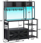 Itaar 47.2 Inch Bakers Rack with Power Outlet, Microwave Stand with Storage, Farmhouse Coffee Bar Cabinet Station with Wine Rack, Iron Grid and 8-S Hooks (Black)