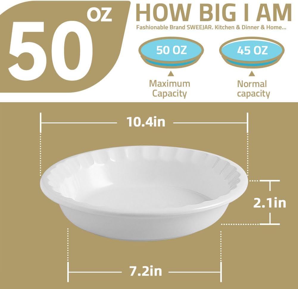 Sweejar Ceramic 10.4 Inch Pie Pan, Deep Porcelain Round Dish, Non-Stick Baking Plate for Pumpkin and Apple Pies, Farmhouse Design (White)