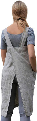 Women's Pinafore Square Apron Baking Cooking Gardening Works Cross Back Cotton/Linen Blend Dress with 2 Pockets