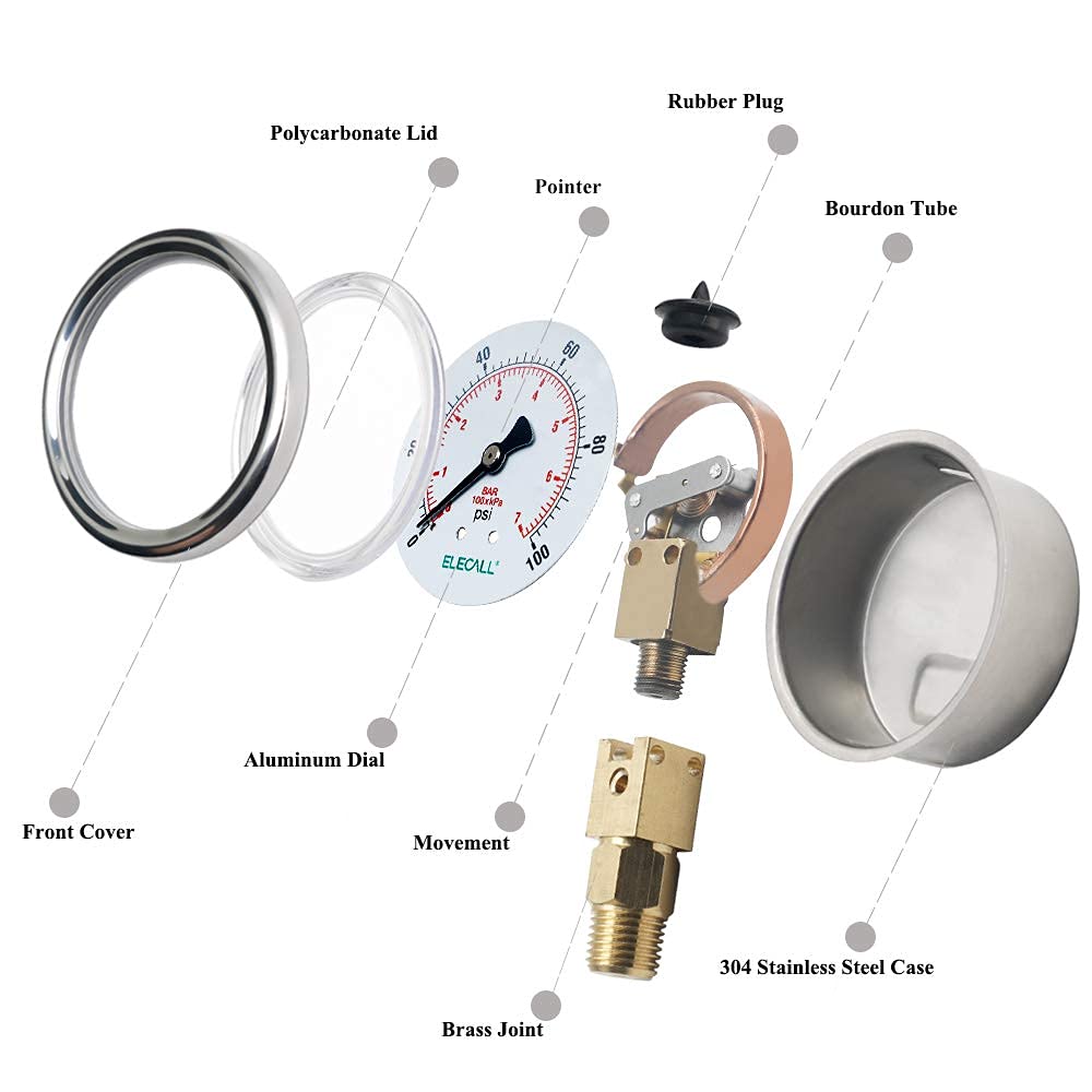 ELECALL 2-1/2” Glycerin Filled Pressure Gauge, 0-100Psi, 1/4”NPT Lower Mount, Stainless Steel Case, Brass Internals, Water Pressure Gauge