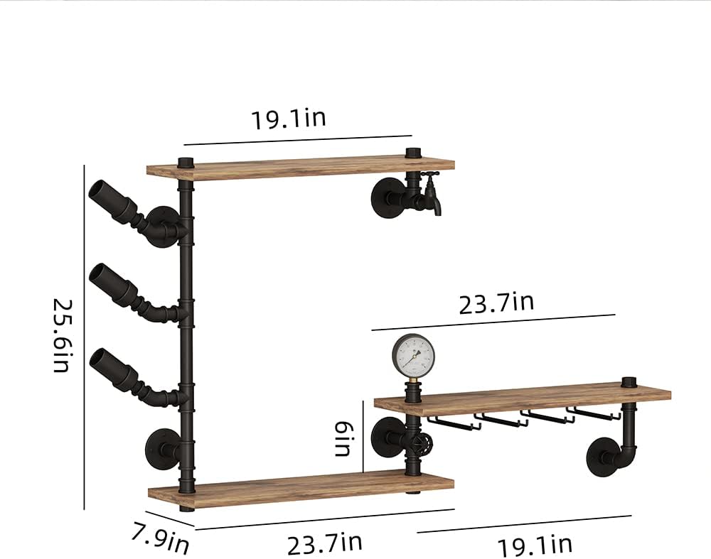 3 Tier Industrial Wall Wine Rack, 46in Floating Bar Liquor Shelves with 4 Stem Glass Holder, Pipe Shelf Shelving Wine Glass Rack, Wine Rack Wall Mounted Living Room Kitchen Decor, Black