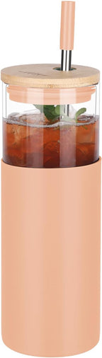 Glass Tumbler w/Lids & Straw - 24oz Reusable Mug w/Bamboo Lid & Stainless Steel Straw - BPA-Free, Leak-Proof, Dishwasher Safe for Coffee, Smoothies, Hot Beverages, Travel, Office, Home Use,1-PK