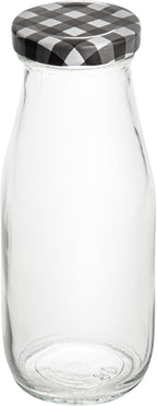 Restaurantware French Countryside 11 Ounce Glass Bottles 10 Durable Juice Bottles - With Black Plaid Lid Dishwashable Clear Glass Countryside Bottles For Hot And Cold Beverages