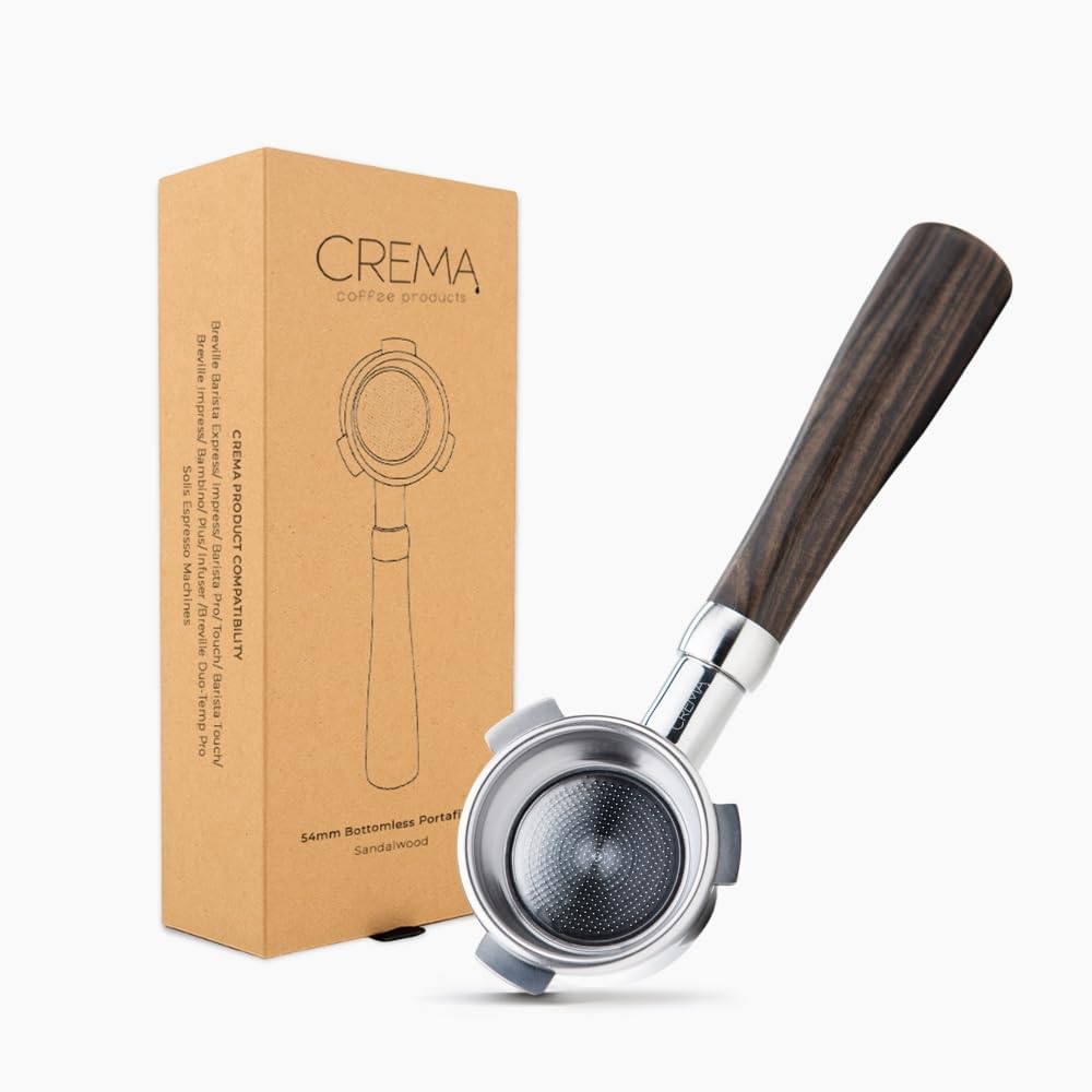 Crema Coffee Products - 54mm Bottomless Naked Portafilter - Filter Basket Included - Fits 54mm Breville Machines, Sandalwood