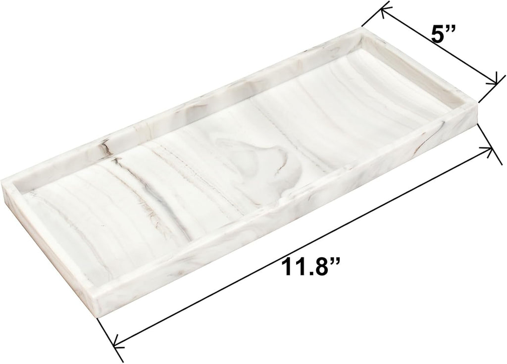 DNC Silicone Bathroom Tray for Counter, 2PC 11.8" Vanity Tray for Countertop, Kitchen Sink Soap Tray for Dish Holder Dispenser Toilet Tank Desk Organizer Marble White