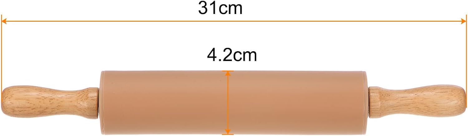 HARFINGTON Silicone Rolling Pins for Baking 12.2 Inch Non-Stick Silicone Surface Wooden Handle Rolling Pin Small Roller Playdough Rolling Pins for Fondant Kitchen Dough Pizza, Brown