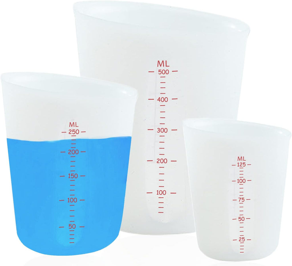 3 PCS Silicone Flexible Measuring Cups,Melting Cups for Epoxy Resin,Butter,Chocolate and More,2 Cup&1 Cup&1/2 Cup,Squeeze and Pour Silicone Measuring Cup with Marking Ounce/ML