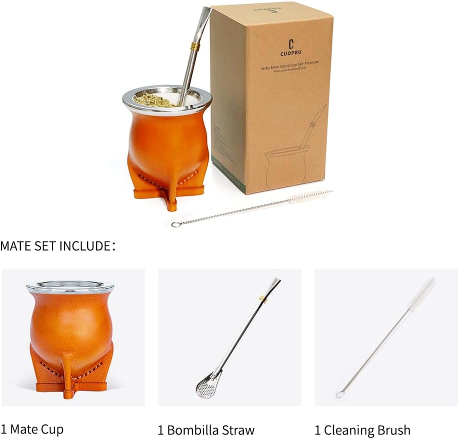 Argentina Yerba Mate Cup With Ceramic liner Straw Tea Gourd Mug One Bombilla Mate a Cleaning Brush (brown)