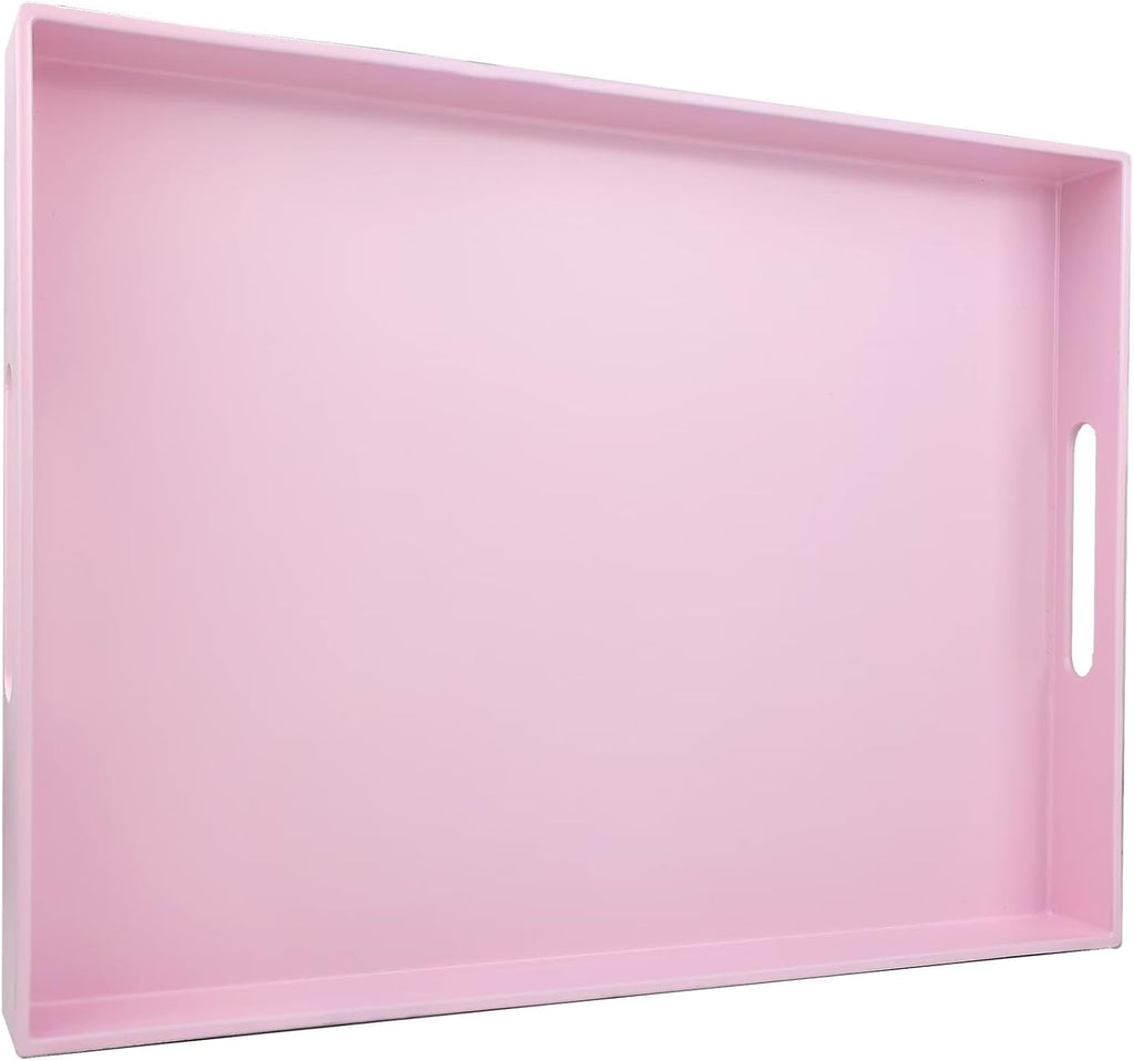 Pink Serving Tray for Coffee Table, Rectangular Plastic Decorative Tray with Handles for Entertaining, Outdoor Patio, Living Room, Ottoman, Bathroom Counter, 11.8”*15.7”*1.6”