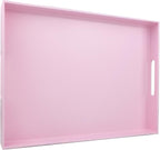 Pink Serving Tray for Coffee Table, Rectangular Plastic Decorative Tray with Handles for Entertaining, Outdoor Patio, Living Room, Ottoman, Bathroom Counter, 11.8”*15.7”*1.6”