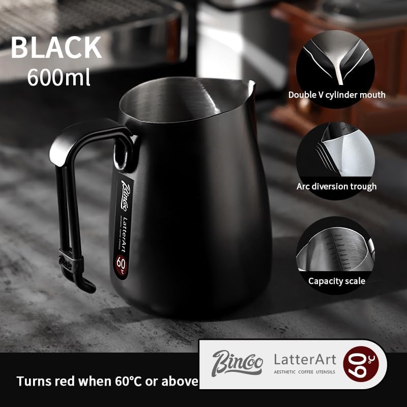 Bincoo Milk Frothing Pitcher,Espresso Milk Frothing Pitcher Stainless Steel 20oz/600ML Coffee Milk Frother Cup with Measurement Lines,Ergonomic Handle for Latte Art & Cappuccino