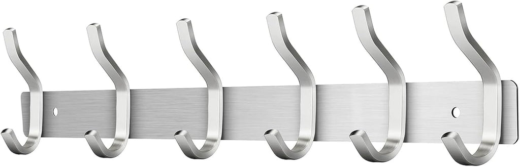 Wall Hooks Heavy Duty, 17 Inch Coat Rack Wall Mount with 6 Hooks, Silver Wall Hooks for Hanging Backpack, Bag, Purse, Clothes, Hat, Coat, Towel | Entryway & Bathroom Storage Organization Hanger