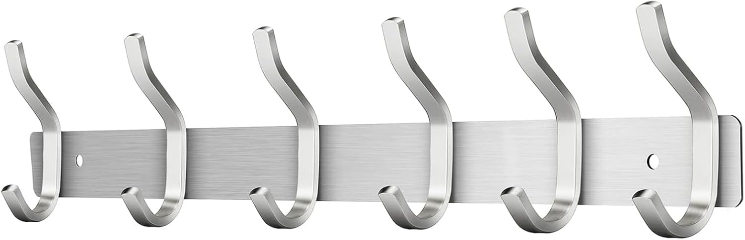 Wall Hooks Heavy Duty, 17 Inch Coat Rack Wall Mount with 6 Hooks, Silver Wall Hooks for Hanging Backpack, Bag, Purse, Clothes, Hat, Coat, Towel | Entryway & Bathroom Storage Organization Hanger