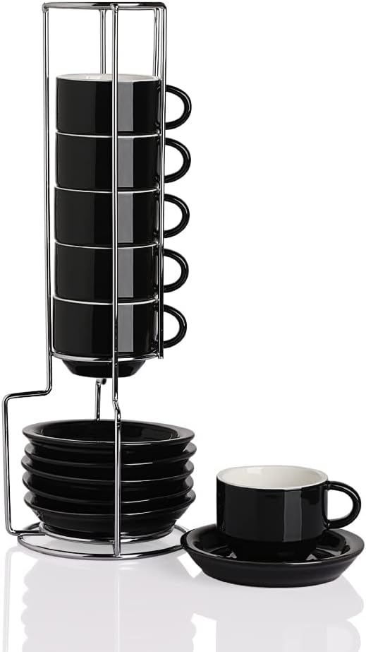 Sweejar Porcelain Espresso Cup & Saucer Set, Stackable Demitasse Cups with Metal Stand, 2.5 OZ for Latte,Coffee,Cafe Mocha,Tea, Set of 6 (Black)