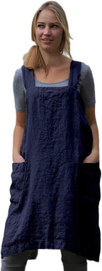 Women's Pinafore Square Apron Baking Cooking Gardening Works Cross Back Cotton/Linen Blend Dress with 2 Pockets