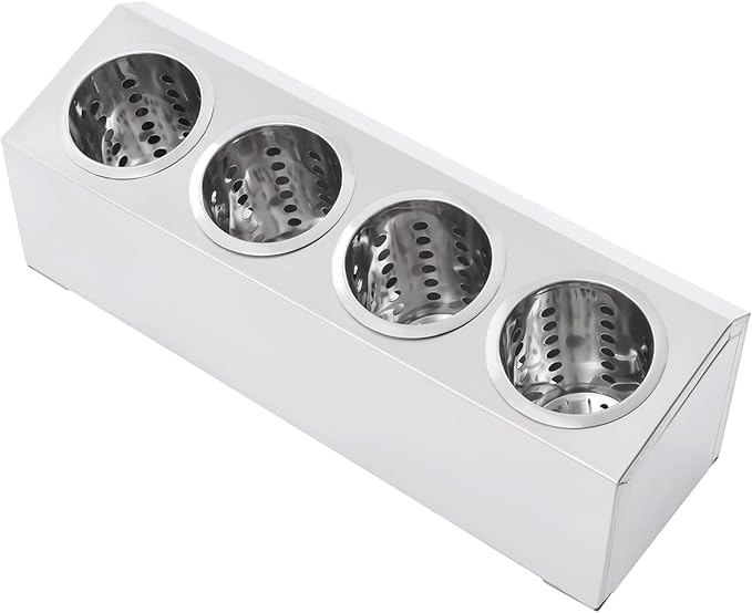 DYNAMI 4-Compartment Stainless Steel Utensil Holder,Commercial Perforated Silverware Holder,Cylinder Silverware Utensil Holder Flatware Organizer Countertop,for Restaurant Kitchen (4-Compartment)