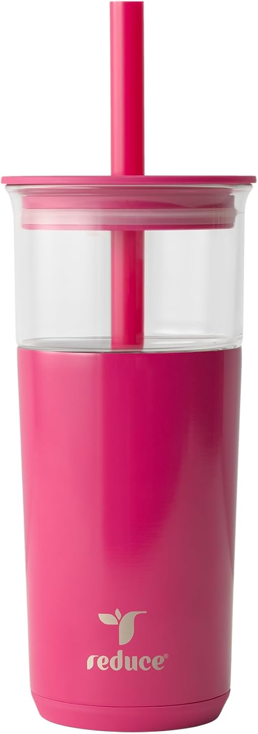 REDUCE Aspen 20 oz Vacuum Insulated Glass Tumbler with Lid & Extra Wide Straw - Keeps Drinks Cold for 12 Hrs - Ideal for Iced Coffee, Smoothies & Boba - Dishwasher Safe, Soft Base - Dragonfruit