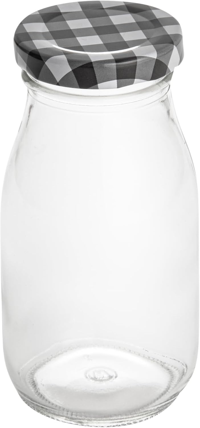 Restaurantware-French Countryside 6 Ounce Glass Bottles, 10 Durable Juice Bottles - With Black Plaid Lid, Dishwashable, Clear Glass Countryside Bottle, For Hot And Cold Beverages
