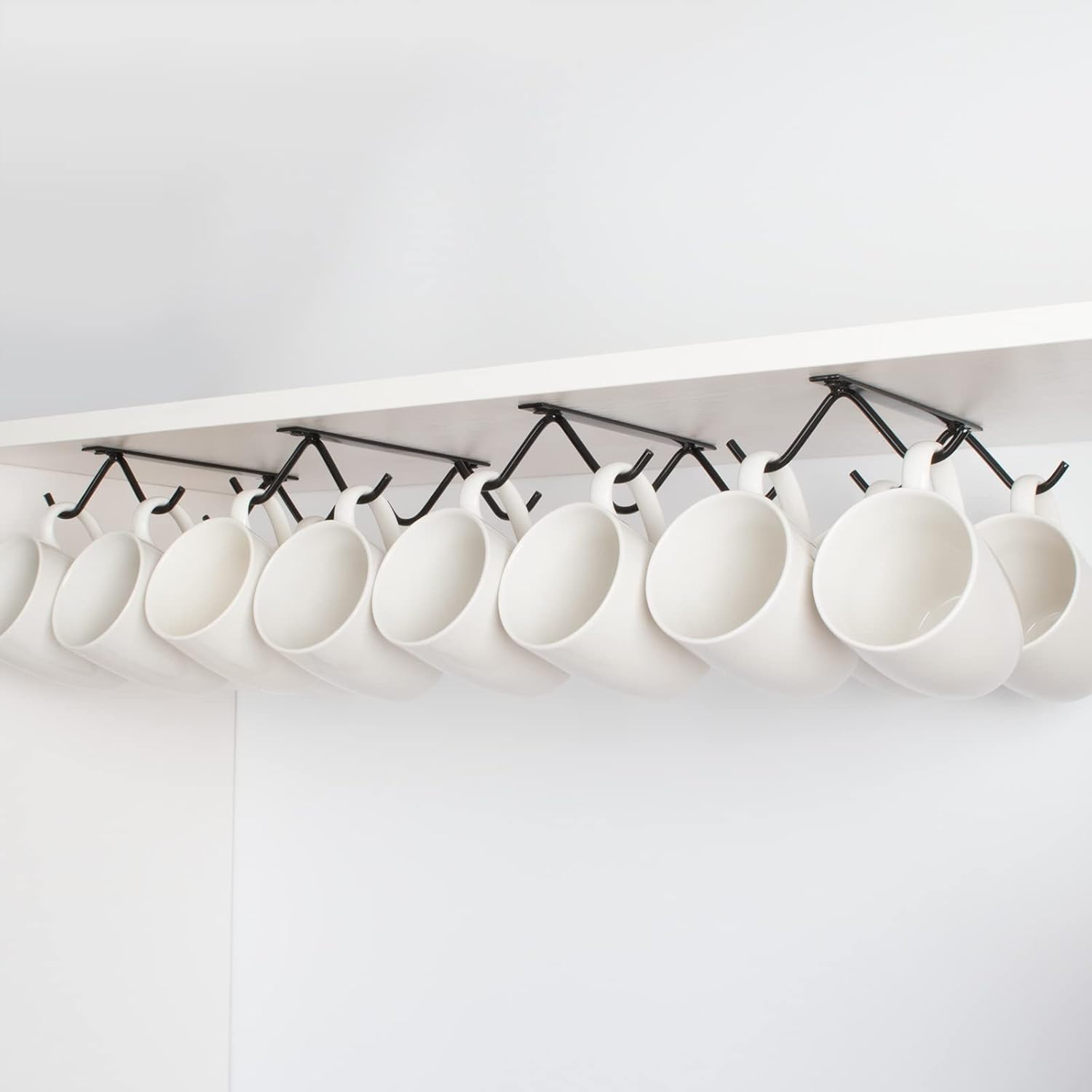 Cabinet Hook Mug Holder - Hanging Coffee Cup Rack for Kitchen, Under Cabinets Metal Hangers Organizer Shelf Storage Utensil (Black)