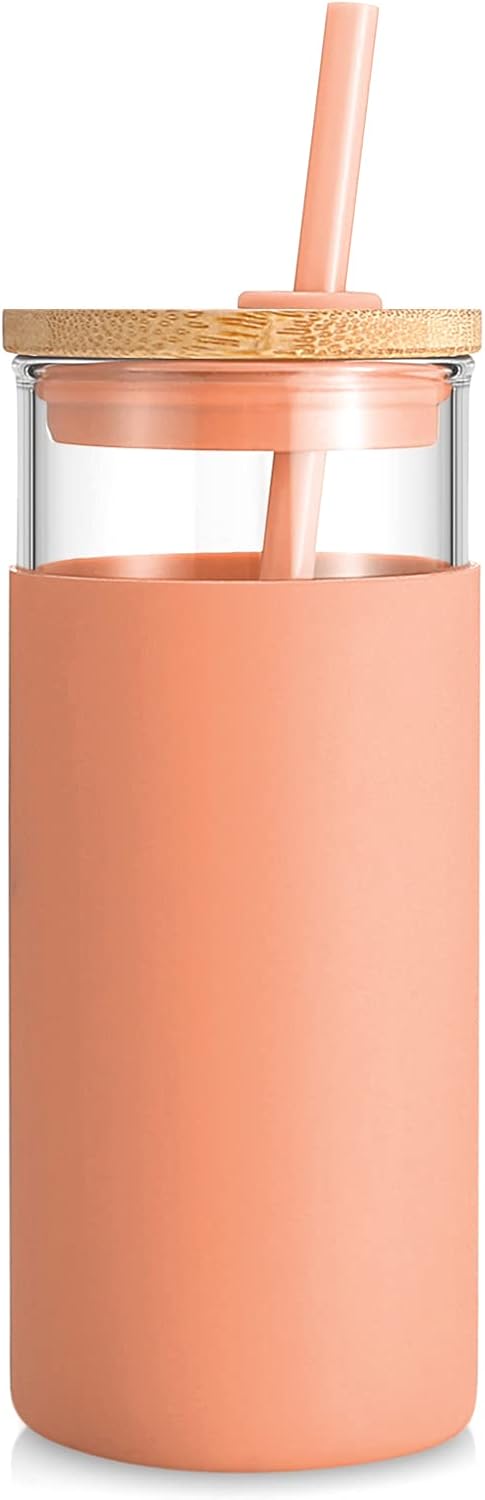 Tronco 20 oz Glass Tumbler With Lids and Straws, Glass Water Bottle Silicone Protective Sleeve, Iced Coffee Cup With Bamboo Lid, Reusable Smoothie Cup, BPA Free (Orange 1 Count)