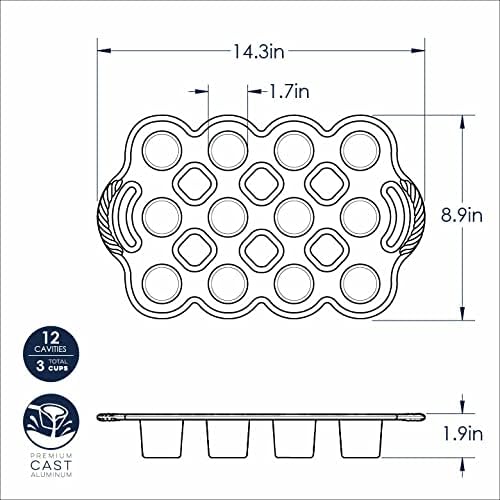 Nordic Ware Cast Aluminum Petite Popover Pan 1/4 Cup Each, 12 Cavity, Silver/Gray (Pack of 3)