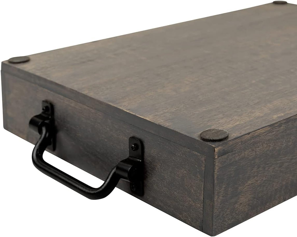 GoCraft Handmade Wooden Tray with Metal Handles – 15" x 11" x 2.5" Decorative Serving Tray in Grey Washed Finish – Versatile Tray for Breakfast in Bed, Lunch, Dinner, Appetizers, Coffee Table