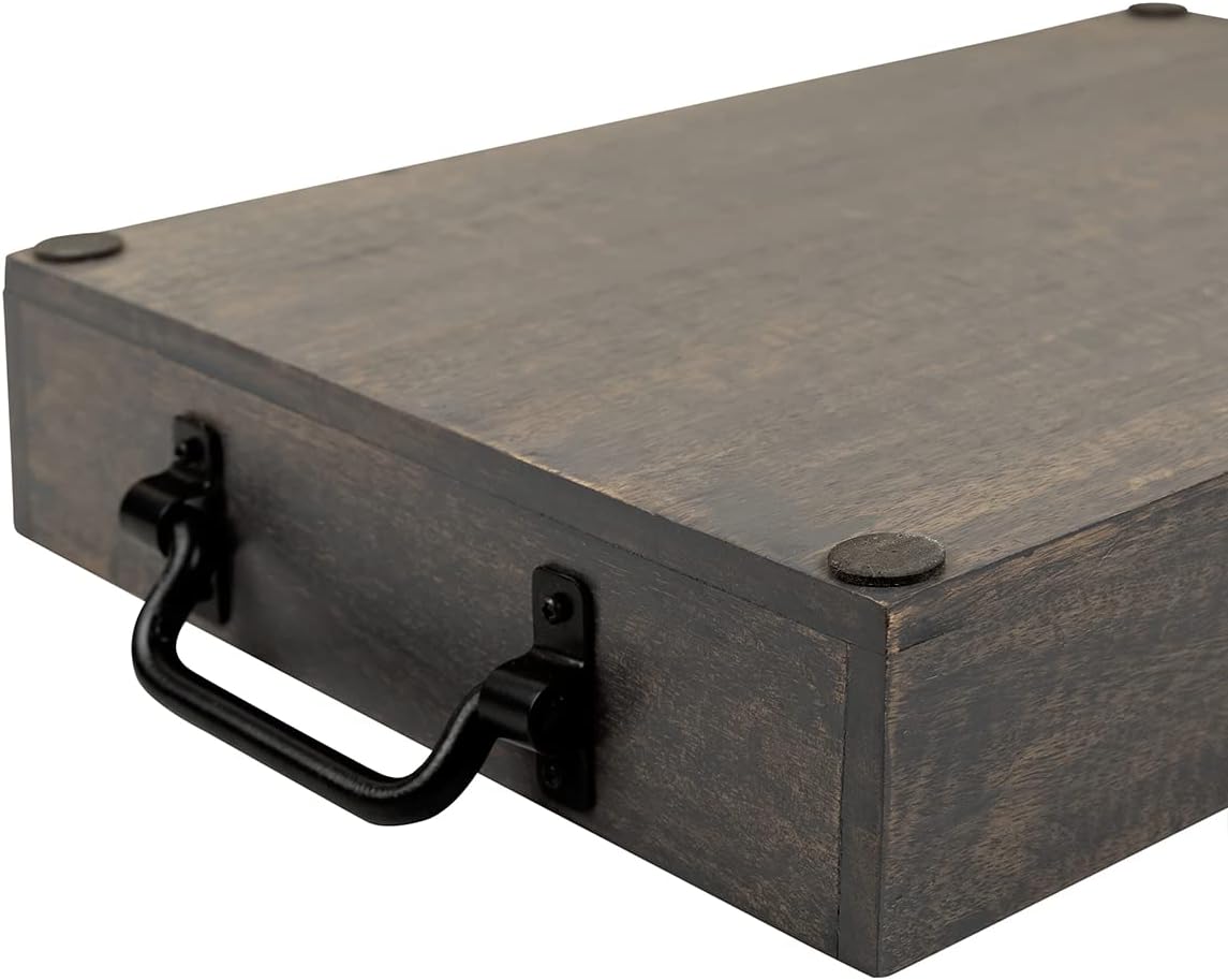 GoCraft Handmade Wooden Tray with Metal Handles – 15" x 11" x 2.5" Decorative Serving Tray in Grey Washed Finish – Versatile Tray for Breakfast in Bed, Lunch, Dinner, Appetizers, Coffee Table