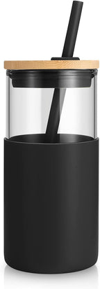 Tronco 16 oz Glass Tumbler with Straw and Bamboo Lid, Iced Coffee Cup Reusable, Smoothie Cups, Tumbler with Silicone Protective Sleeve - BPA Free