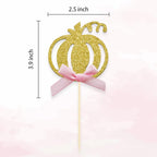 Pumpkin Cupcake Topper Fall Theme Cake Decoration for Pumpkin Themed Baby Shower Party Supplies, Pumpkin Food Pick - Set of 24 (Pink Bow)
