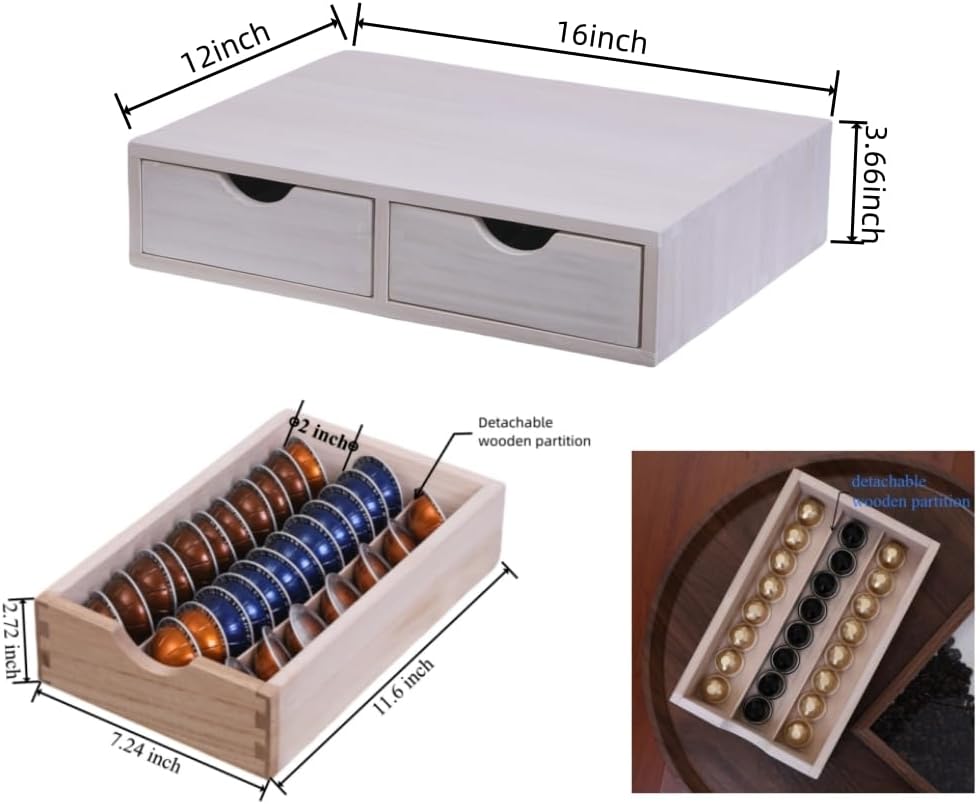 Kitchen Storage Organizer with 2 Drawers for Coffee Brew K Cup/Coffee Pod Holder - Office Organization Drawer for Desk, Multi-Purpose Mini Wood Cabinet Countertop Stand Shelf CF1D2C White