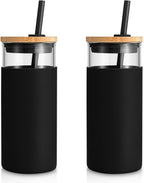 Tronco 20 oz Glass Tumbler Glass Water Bottle Straw Silicone Protective Sleeve Bamboo Lid - BPA Free - Black/2 Pack