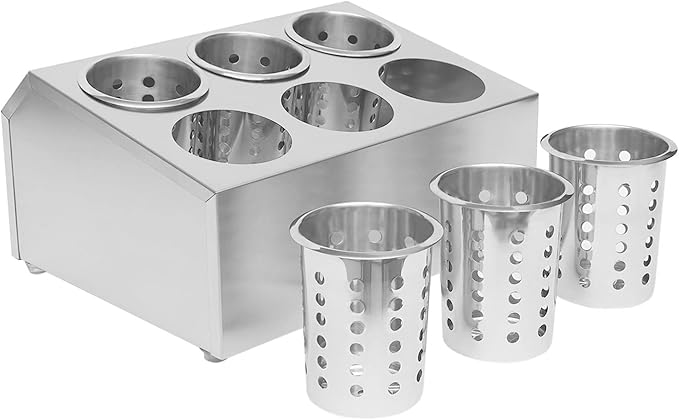 DYNAMI 6-Compartment Stainless Steel Utensil Holder,Commercial Perforated Silverware Holder,Cylinder Silverware Utensil Holder Flatware Organizer Countertop,for Restaurant Kitchen(6-Compartment)