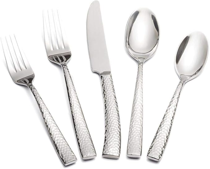 Silverware Set Flatware Set Hammered Pattern Stainless Steel Cutlery Set Silver Mirror Polished 40 Pieces Service for 8