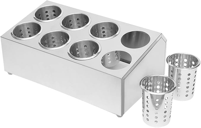 DYNAMI 8-Compartment Stainless Steel Utensil Holder,Commercial Perforated Silverware Holder,Cylinder Silverware Utensil Holder Flatware Organizer Countertop,for Restaurant Kitchen(8-Compartment)