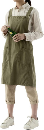 Soft Cotton Linen Apron for Women - Non-tie Cross Back Apron with Pockets, Great for Florist and Kitchen