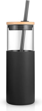 Tronco 24 oz Glass Tumbler with Straw and Lid - Smoothie and Iced Coffee Cup - Bamboo Lid and Protective Silicone Sleeve - BPA-Free