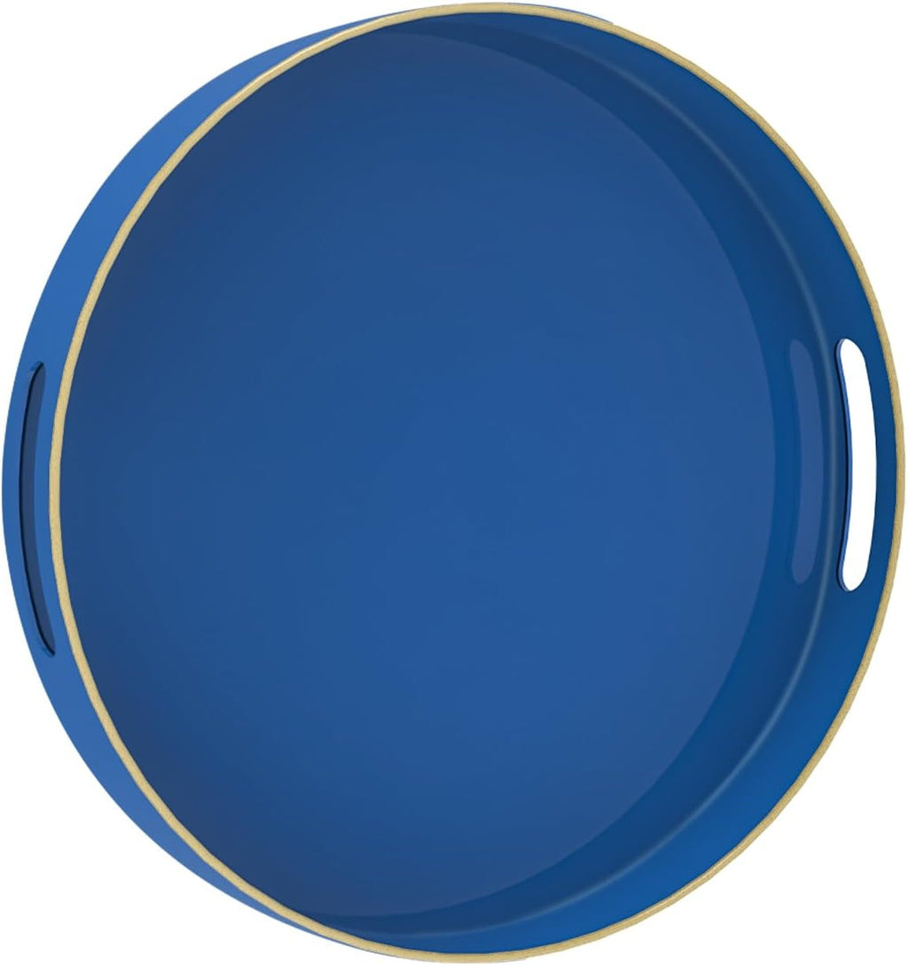 MAONAME 13" Blue Round Tray, Navy Serving Tray with Handles, Modern Decorative Tray for Coffee Table, Plastic Tray for Ottoman, Bathroom, Decor