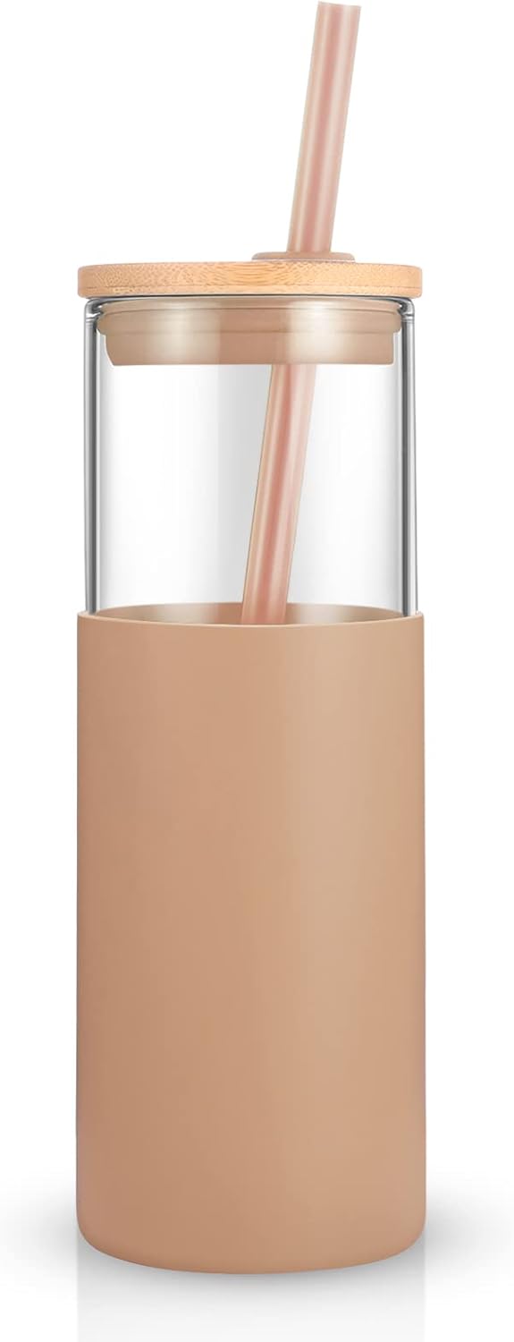 Tronco 24 oz Glass Tumbler with Straw and Lid - Glass Cup with Lid and Straw, Smoothie Cup, Iced Coffee Cup - Bamboo Lid and Protective Silicone Sleeve - BPA-Free