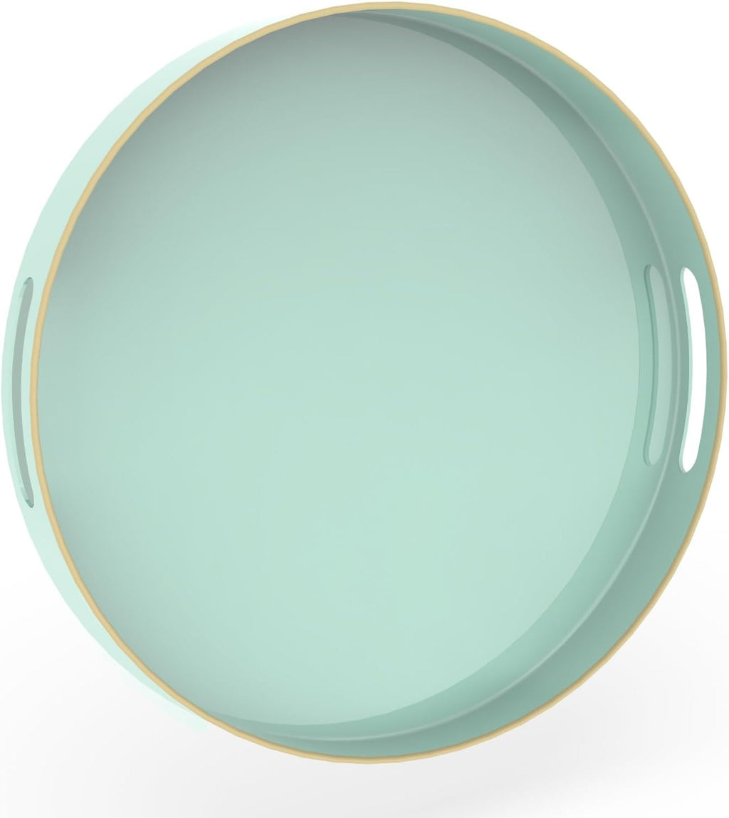 MAONAME Mint Green Decorative Tray for Coffee Table, Modern Round Serving Trays with Handles, 13" Plastic Tea Trays for Ottoman, Bathroom Decor